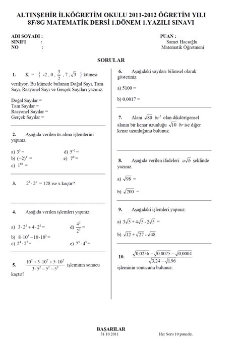 matematik sınavı 8 sınıf 2 dönem 1 yazılı soruları